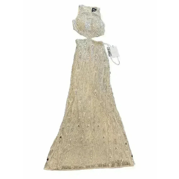 Mac Duggal CutOut Gown Maxi Dress 4 Small S Beaded Back Slit Nude Beige $998 NWT - Picture 6 of 9